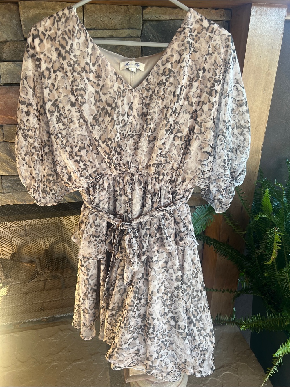 She + Sky Neutral Taupe Animal Print V-Neck Tiered Mini Dress